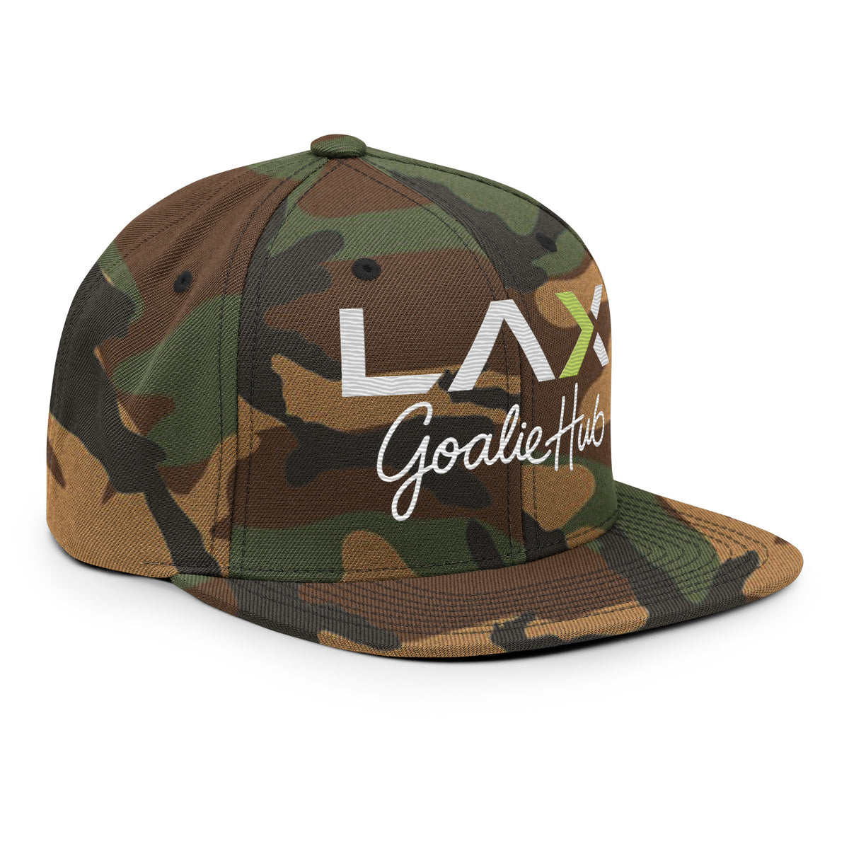 LGH Snapback Hat in Green Camo, right front view