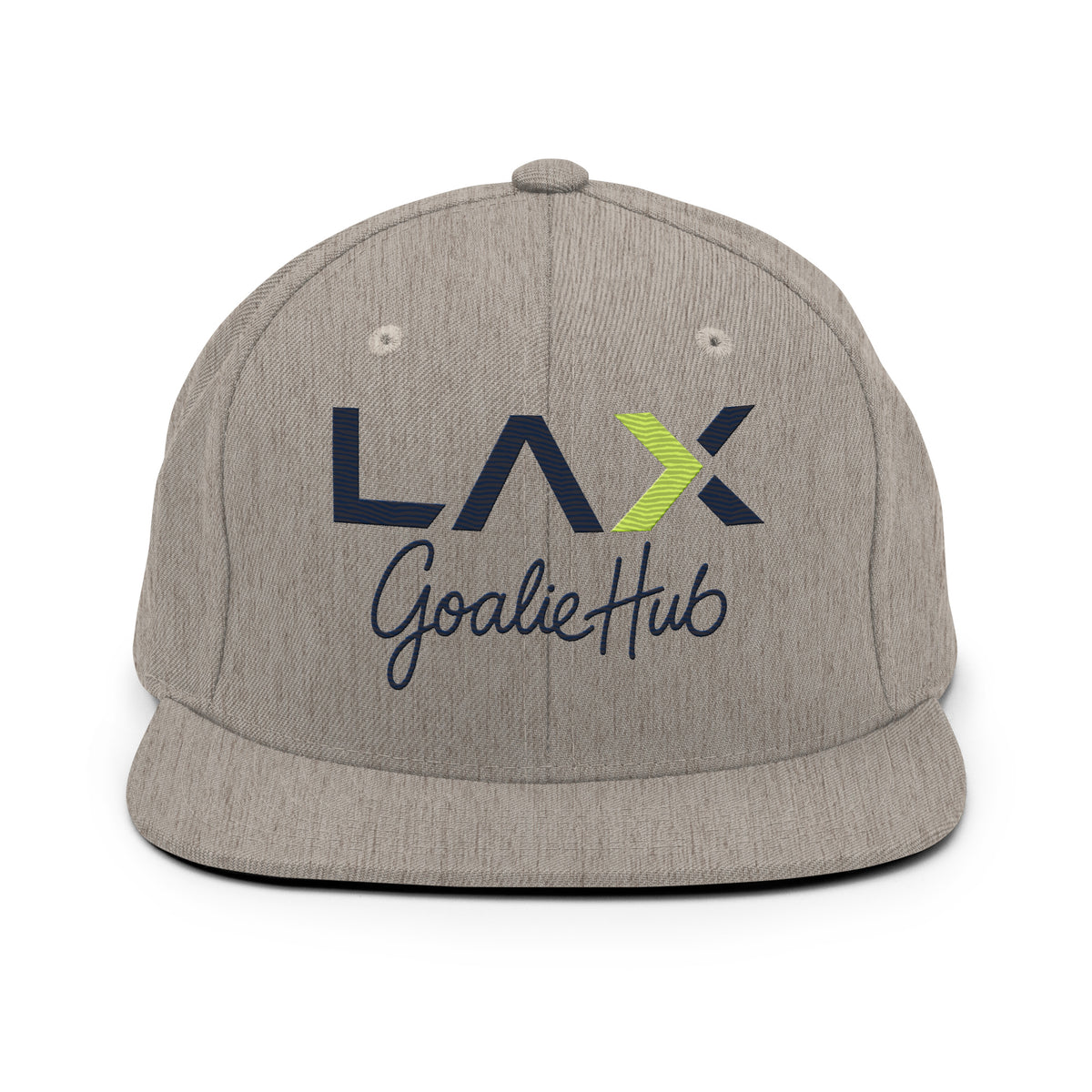 LGH Snapback Hat in Heather Grey, front view with the embroidered LAX Goalie Hub logo