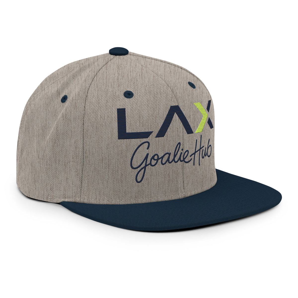 LGH Snapback Hat in Heather Grey/Navy, right front view