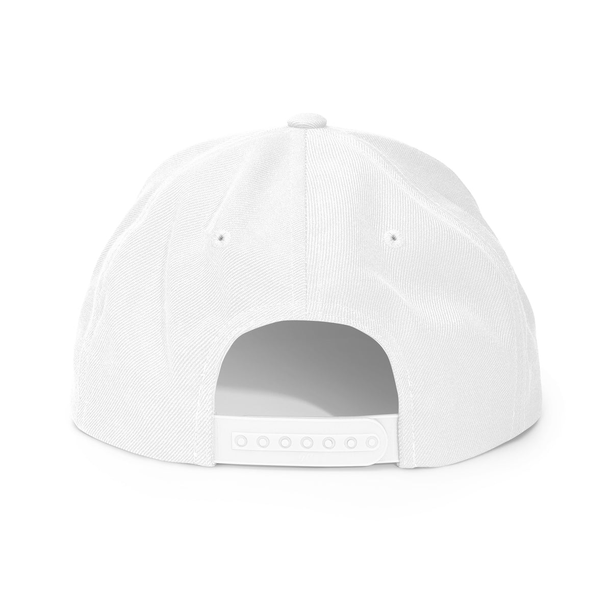 LGH Snapback Hat in White, back view with the snap closure