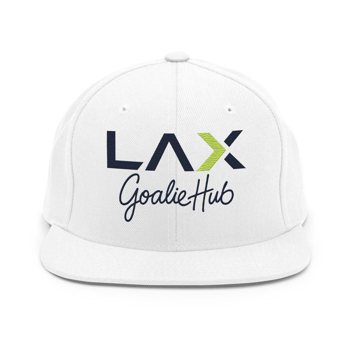 LGH Snapback Hat in White, front view with the embroidered LAX Goalie Hub logo