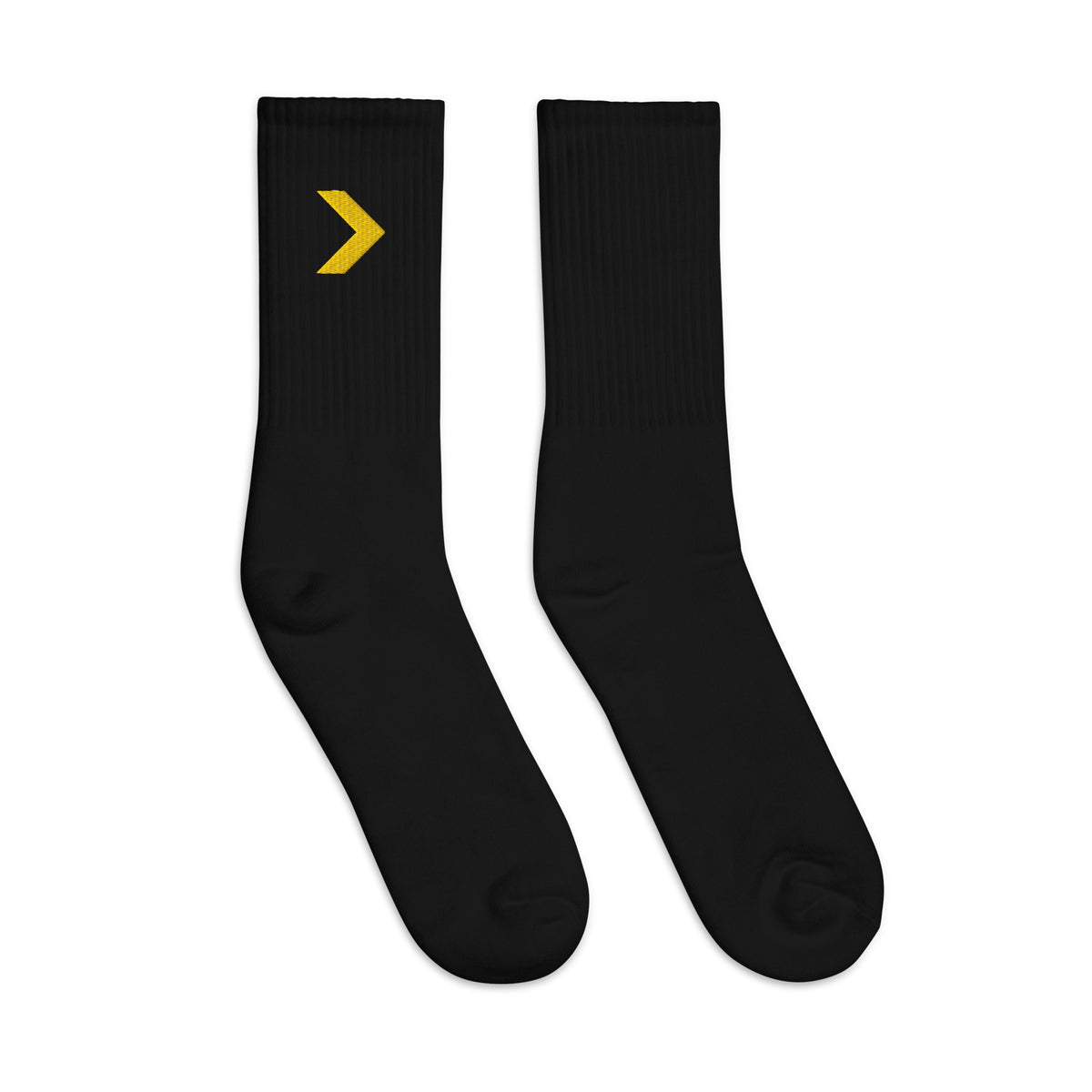 LGH Crew Socks in Black, pair laid flat with the embroidered LGH chevron at the ankle