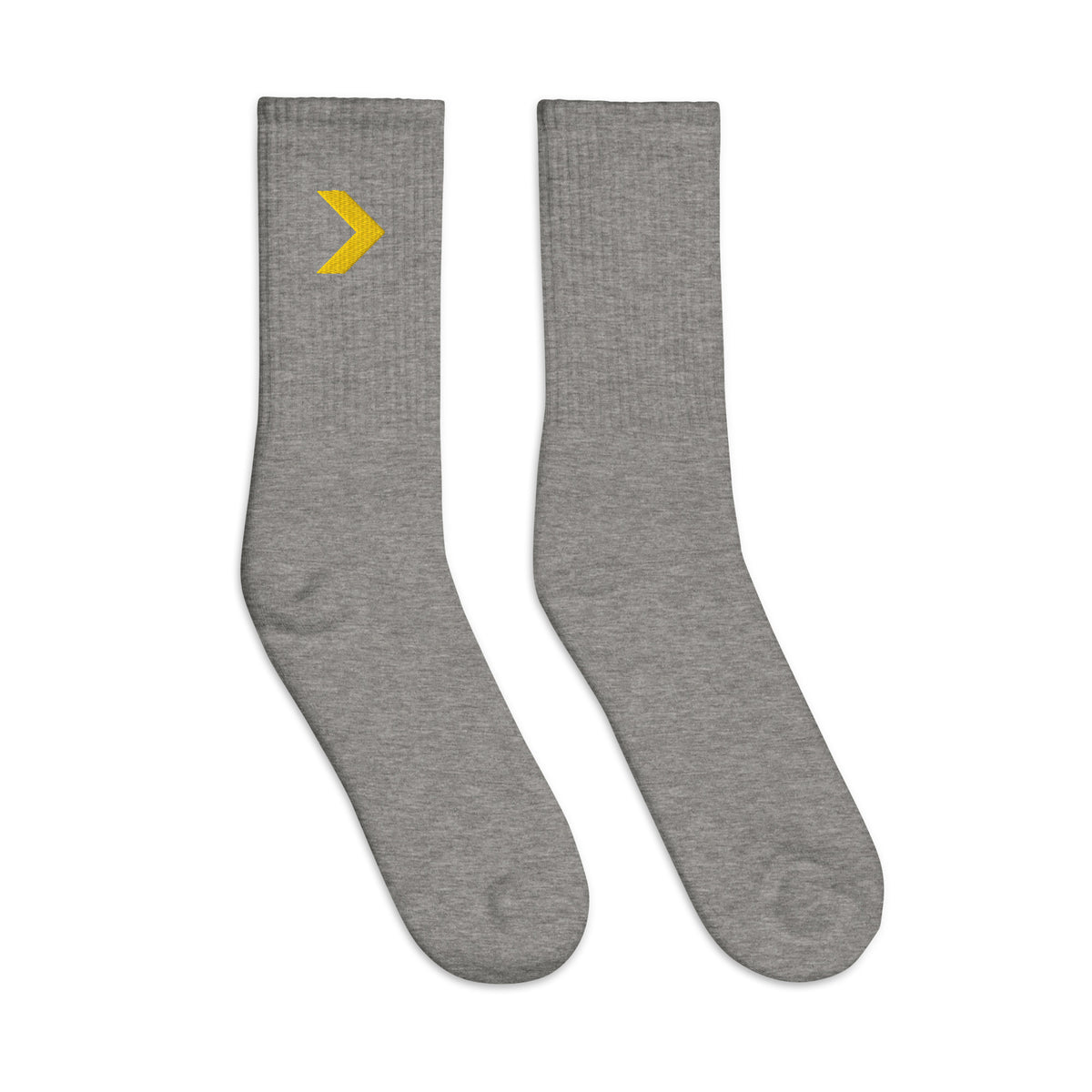 LGH Crew Socks in Heather Grey, pair laid flat with the embroidered LGH chevron at the ankle