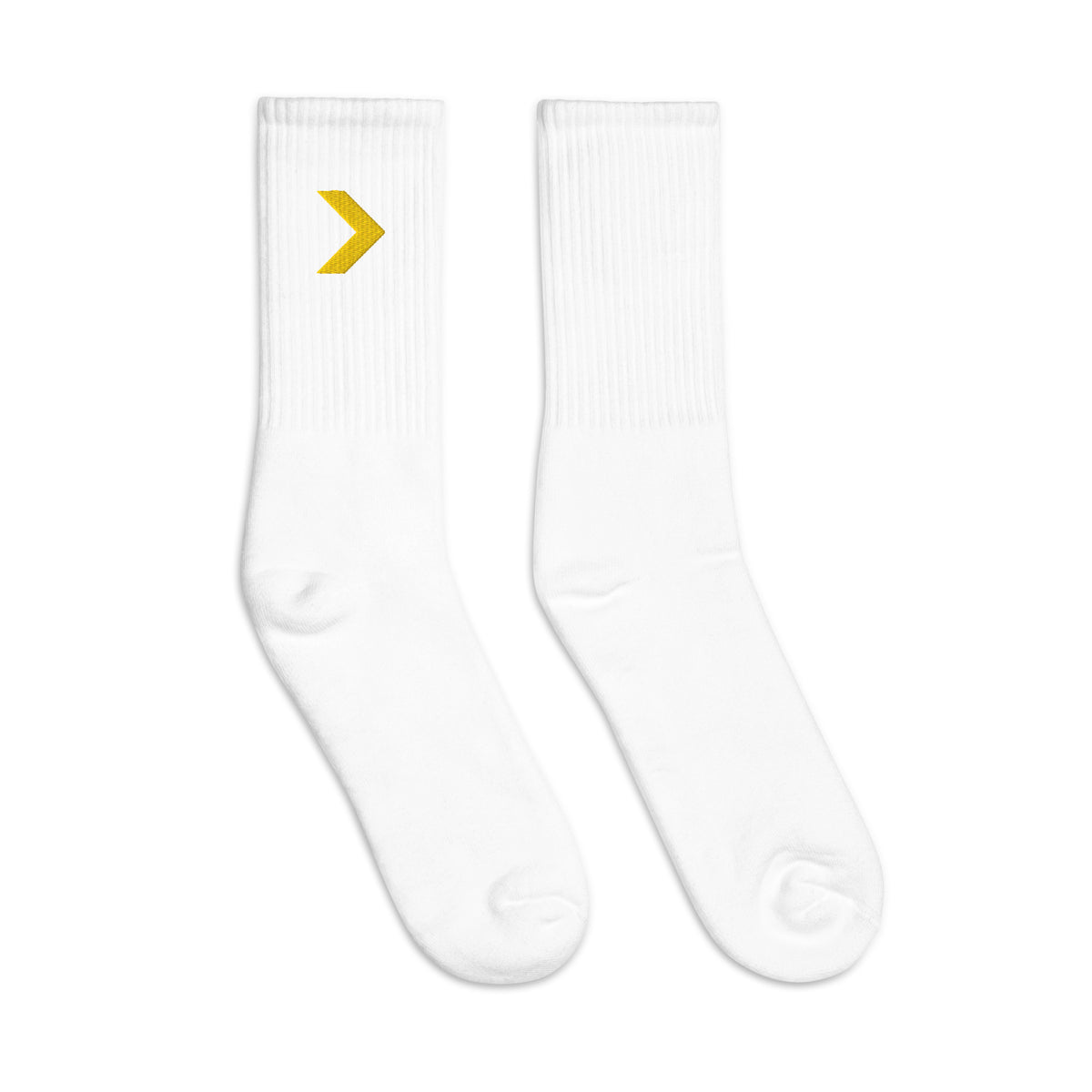 LGH Crew Socks in White, pair laid flat with the embroidered LGH chevron at the ankle