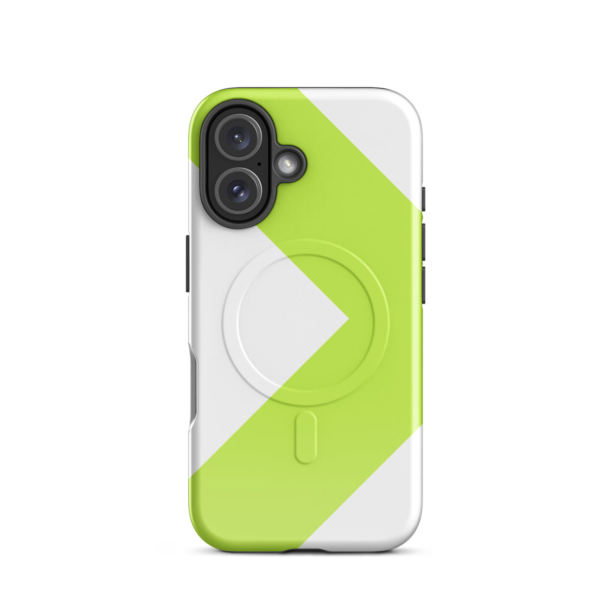 LGH MagSafe Tough Case with signal-green chevron, glossy finish, on iPhone 16