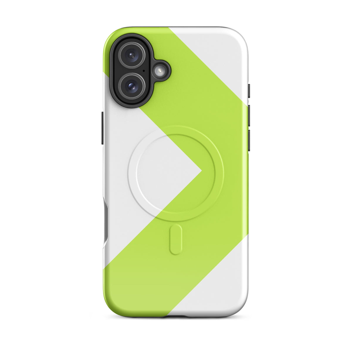 LGH MagSafe Tough Case with signal-green chevron, glossy finish, on iPhone 16 Plus