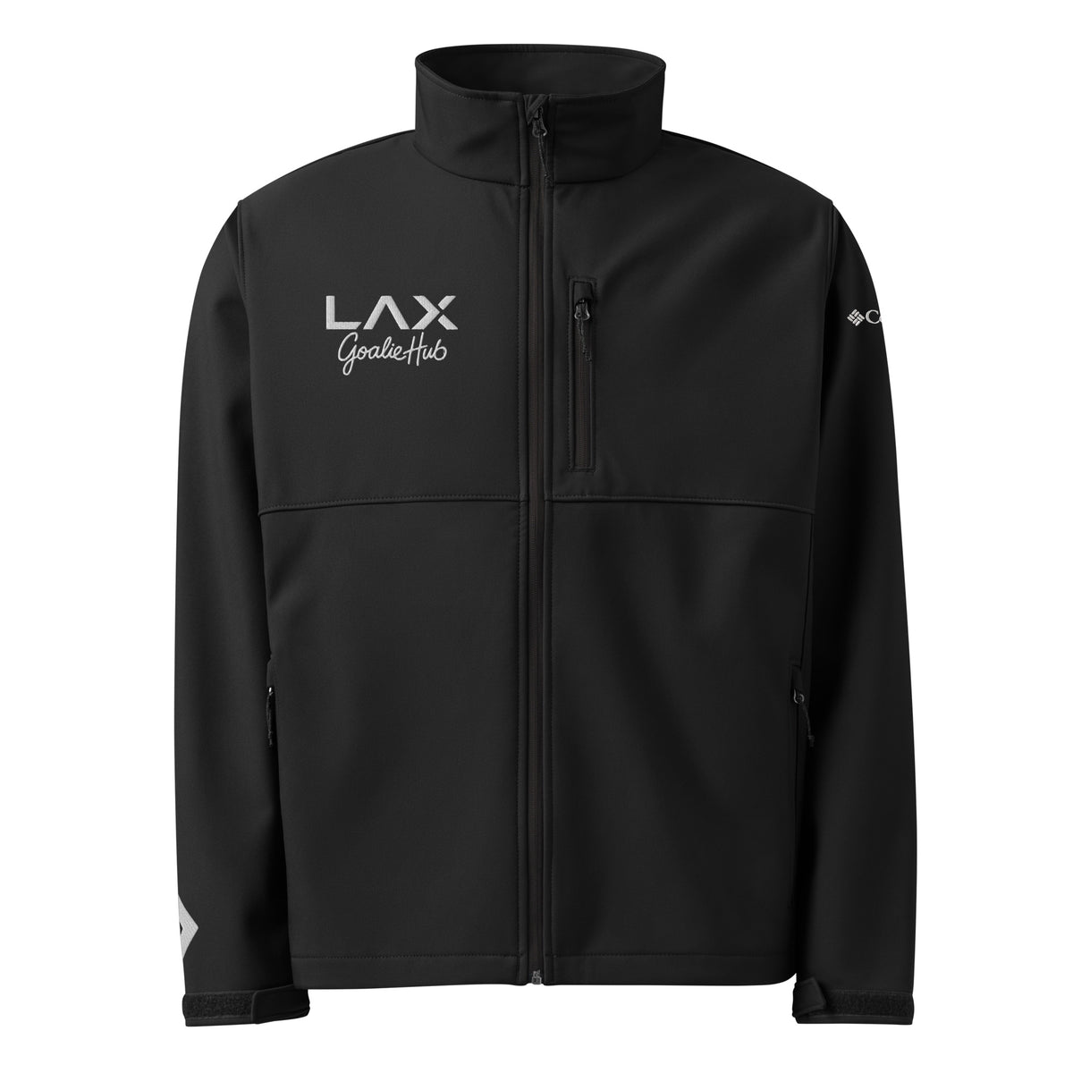 LGH Columbia Soft Shell Jacket in black, front view with the embroidered LAX Goalie Hub logo on the chest