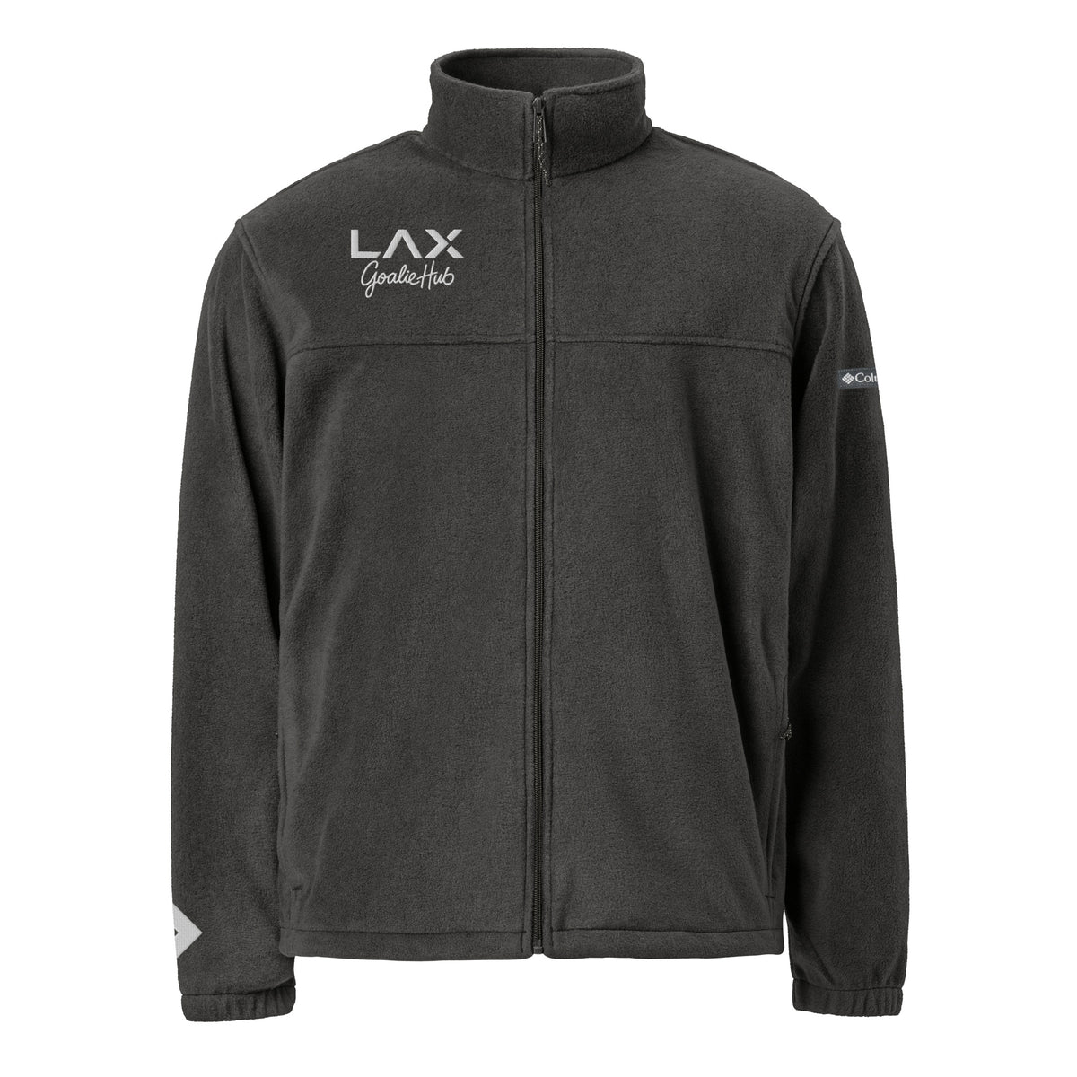 LGH Columbia Fleece Jacket in Charcoal Heather, front view with the embroidered LAX Goalie Hub logo on the chest