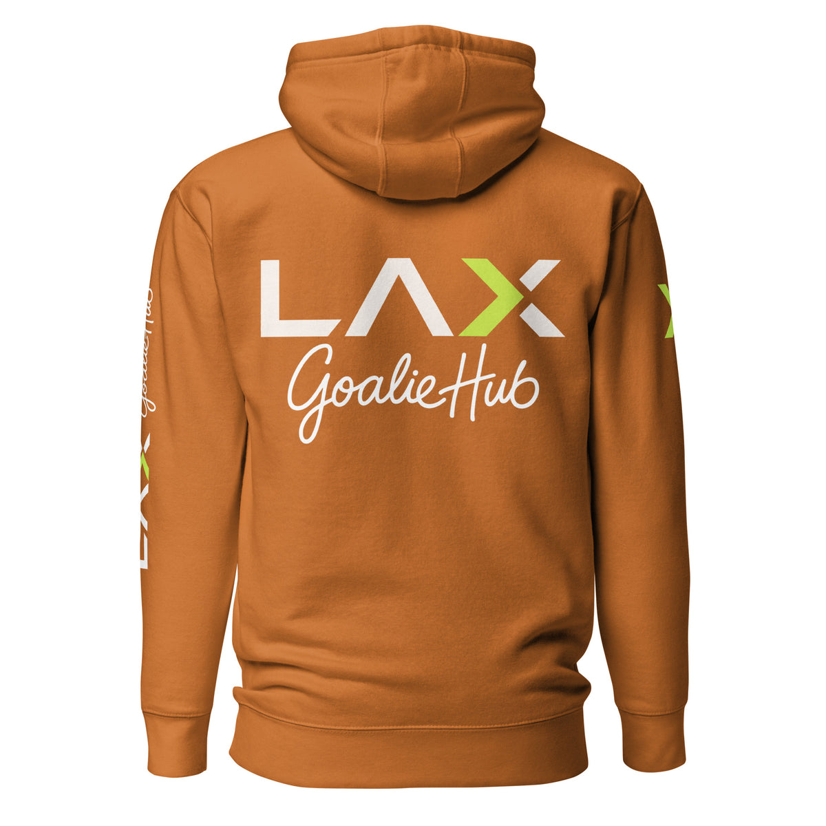 LGH Unisex Hoodie in Adobe, back view with the full LAX Goalie Hub logo