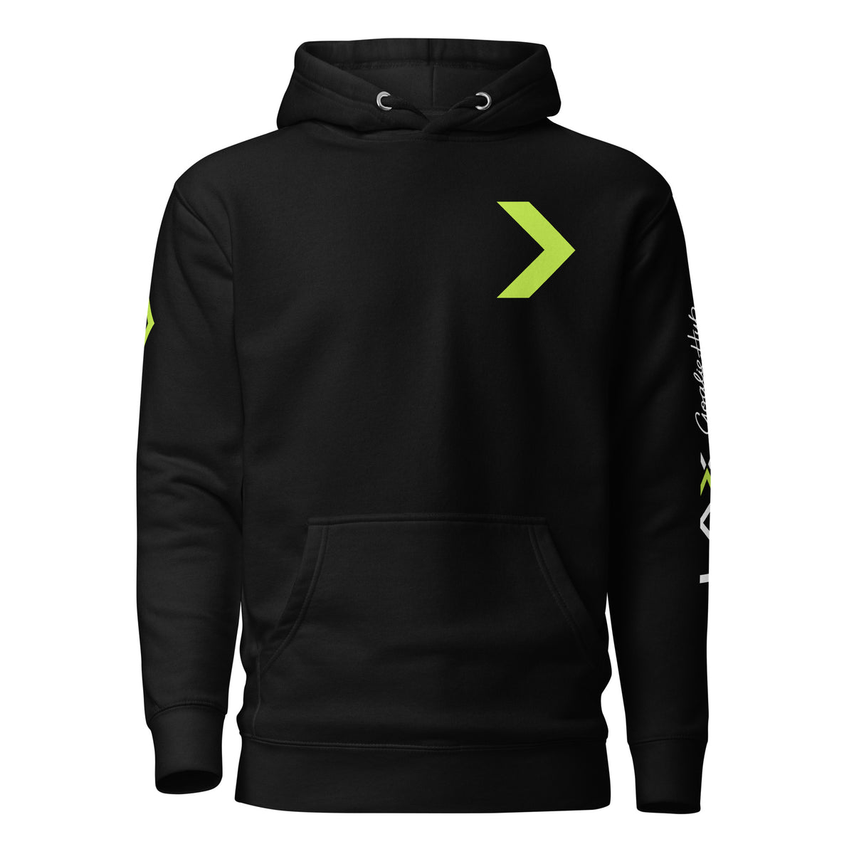 LGH Unisex Hoodie in Black, front view with the green chevron on the chest