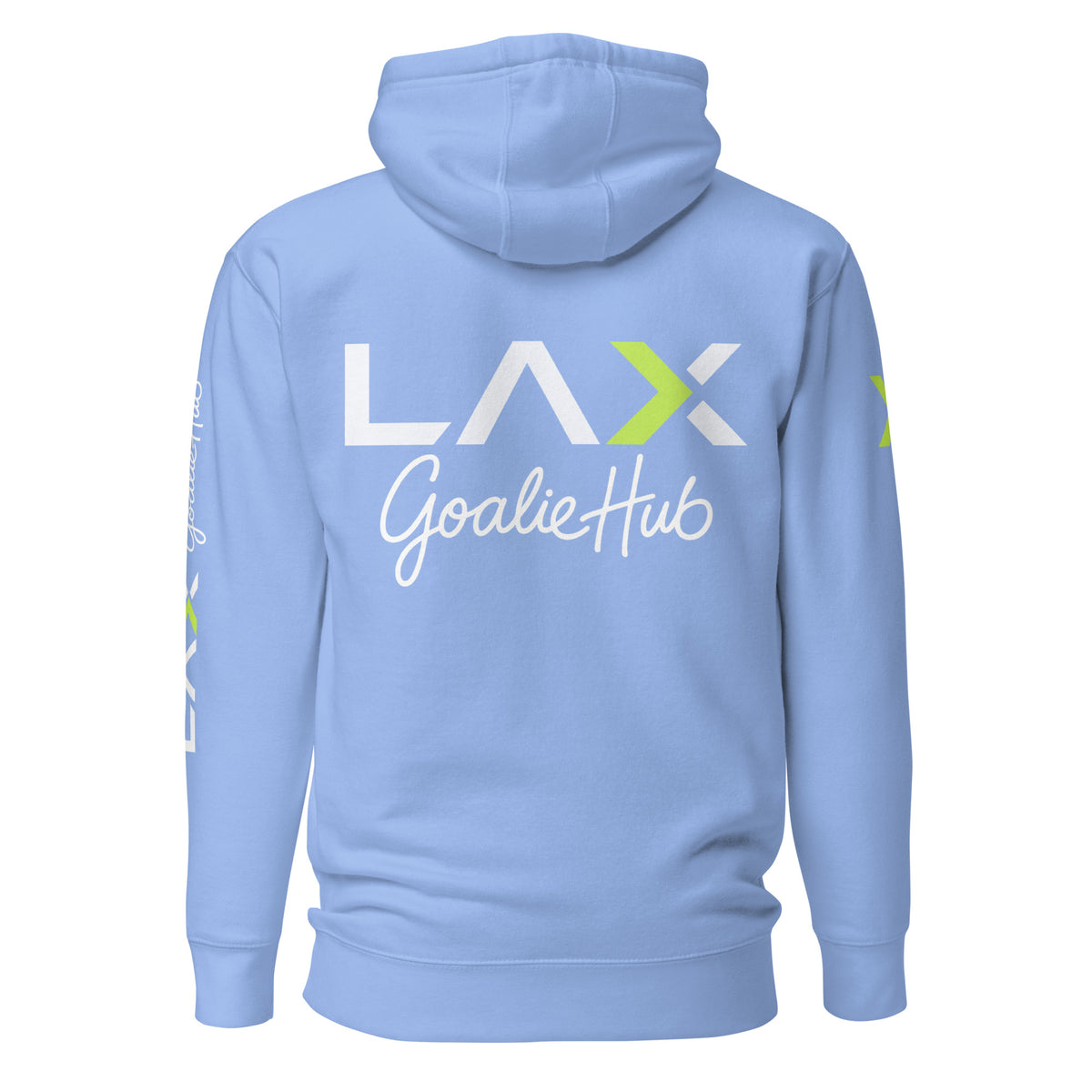 LGH Unisex Hoodie in Carolina Blue, back view with the full LAX Goalie Hub logo