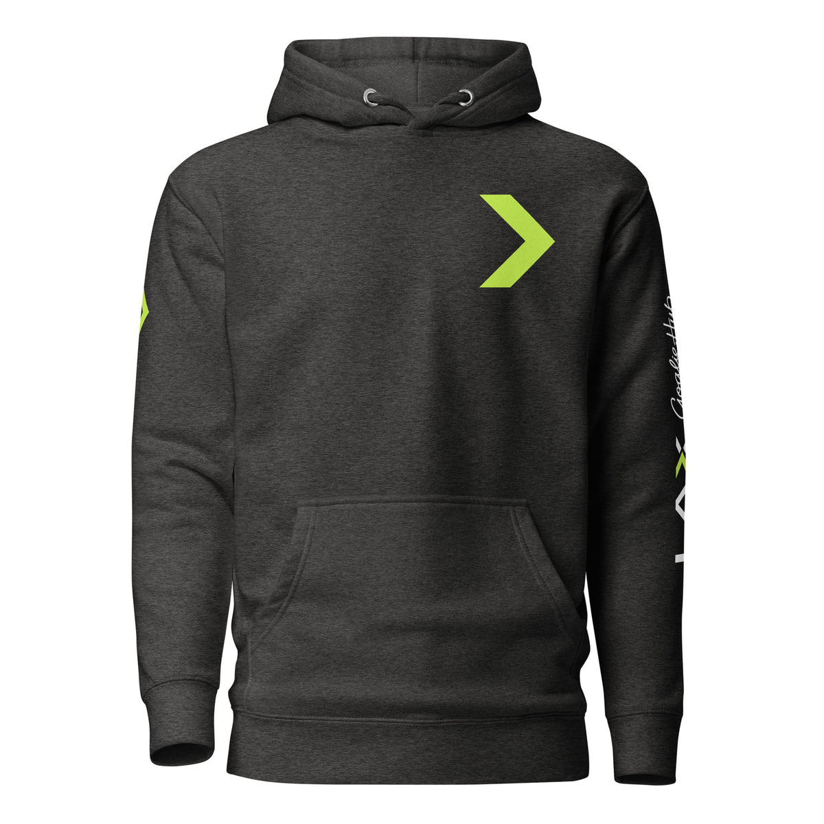 LGH Unisex Hoodie in Charcoal Heather, front view with the green chevron on the chest