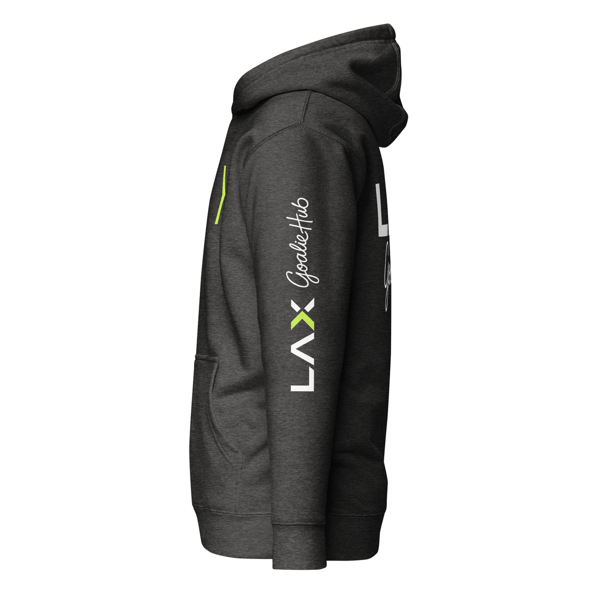 LGH Unisex Hoodie in Charcoal Heather, left side view showing the sleeve print