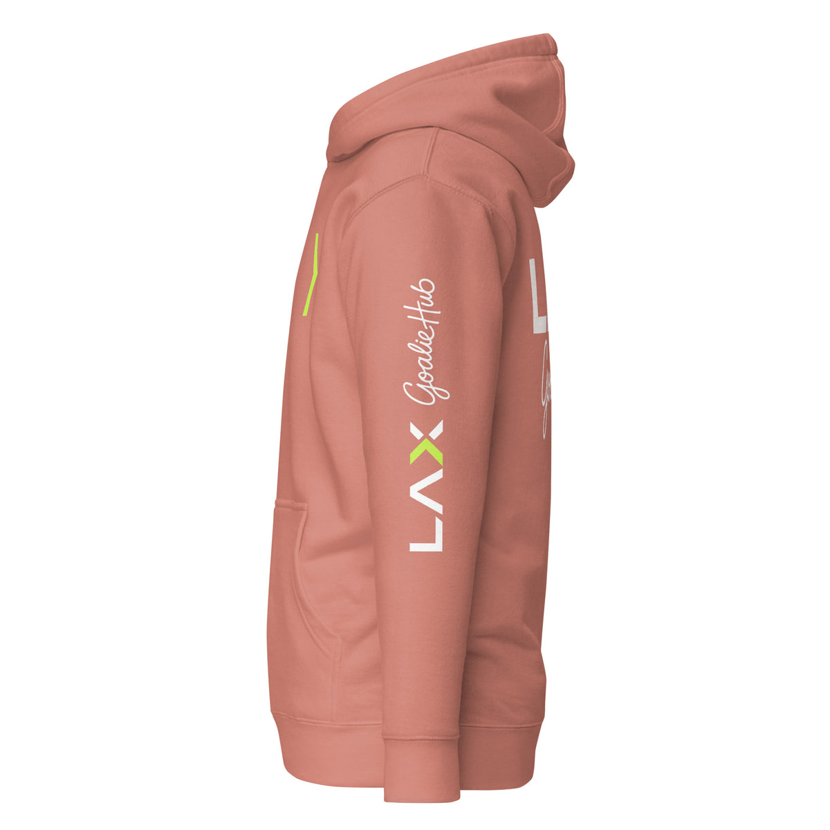 LGH Unisex Hoodie in Dusty Rose, left side view showing the sleeve print