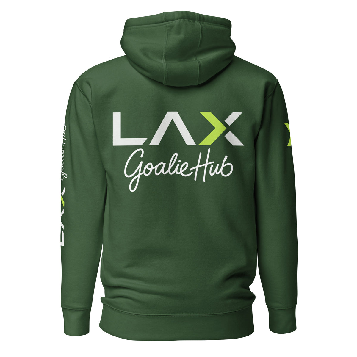 LGH Unisex Hoodie in Forest Green, back view with the full LAX Goalie Hub logo