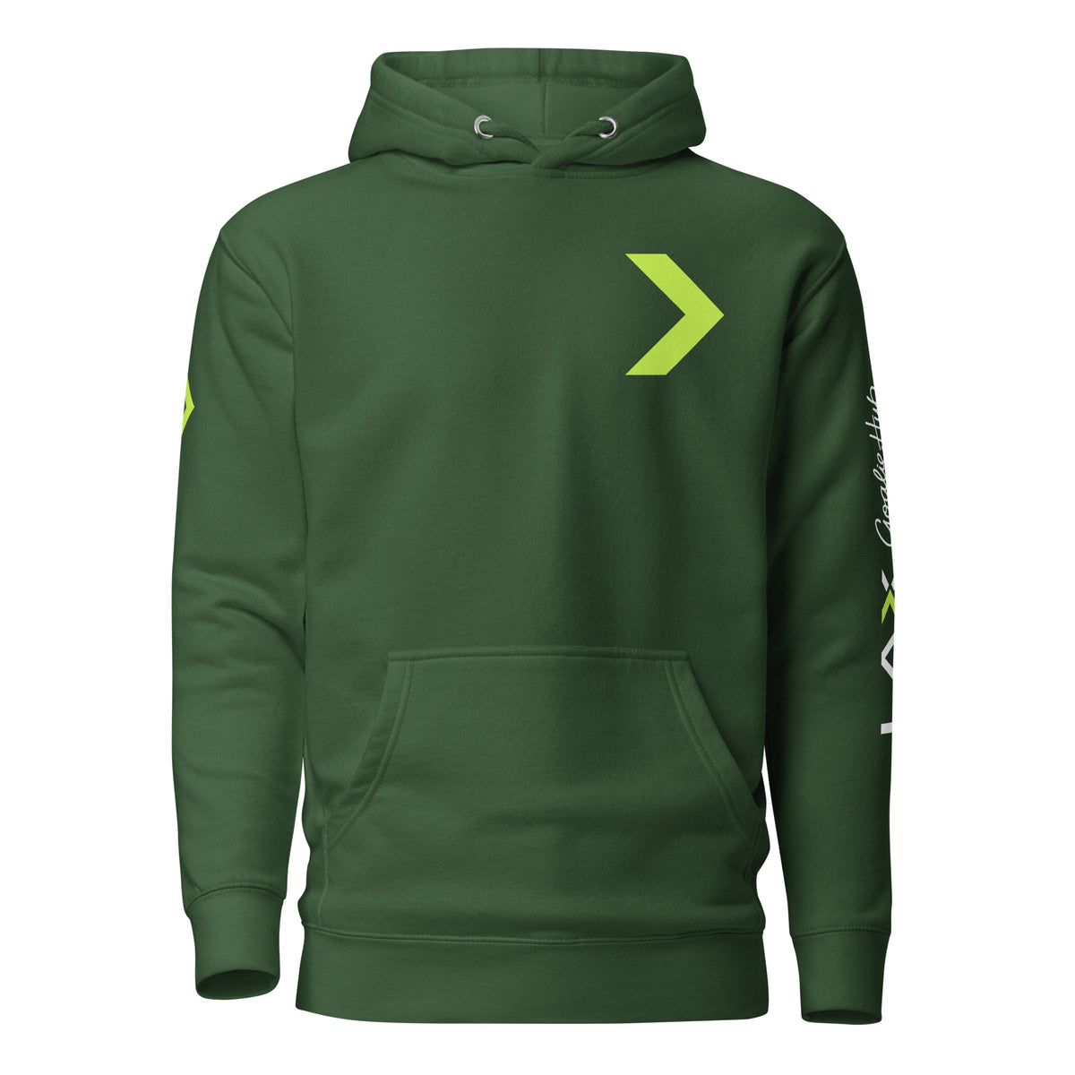 LGH Unisex Hoodie in Forest Green, front view with the green chevron on the chest