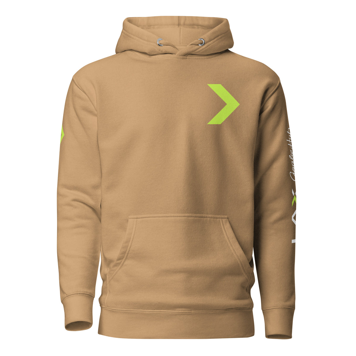 LGH Unisex Hoodie in Khaki, front view with the green chevron on the chest
