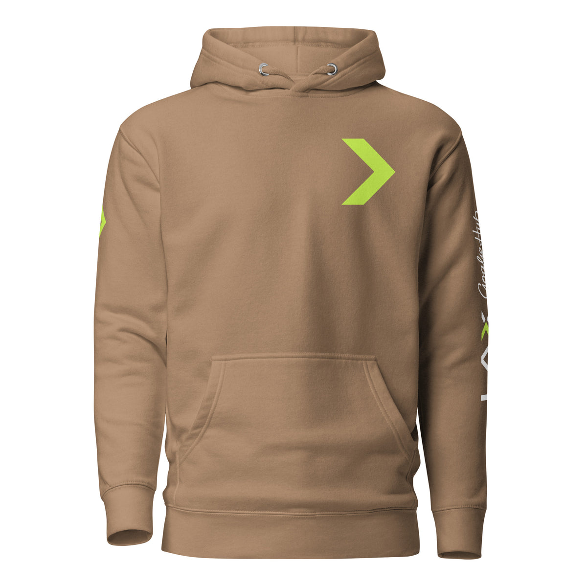 LGH Unisex Hoodie in Latte, front view with the green chevron on the chest