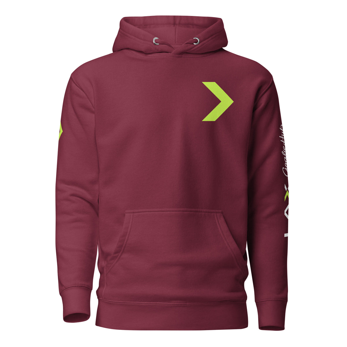 LGH Unisex Hoodie in Maroon, front view with the green chevron on the chest