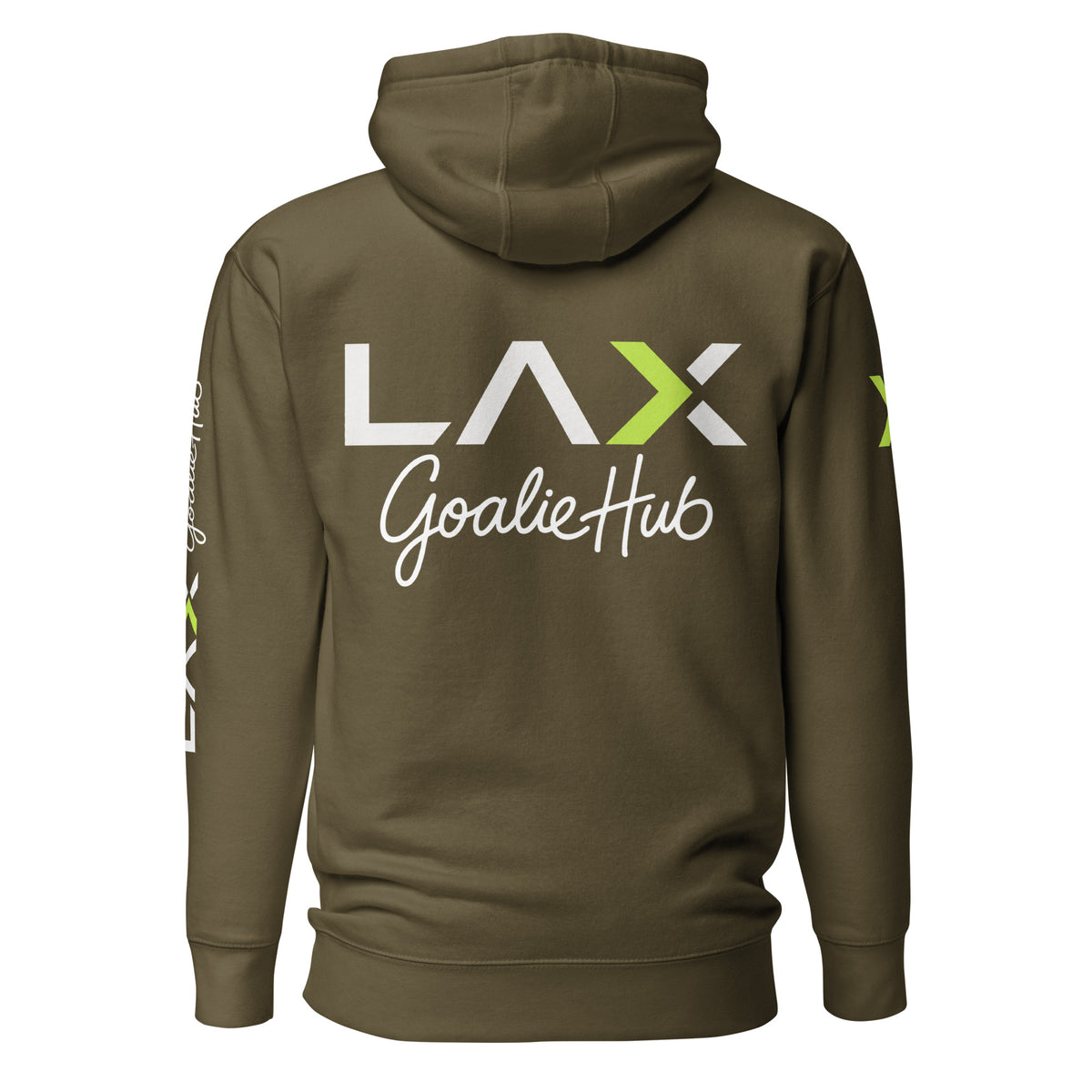 LGH Unisex Hoodie in Military Green, back view with the full LAX Goalie Hub logo