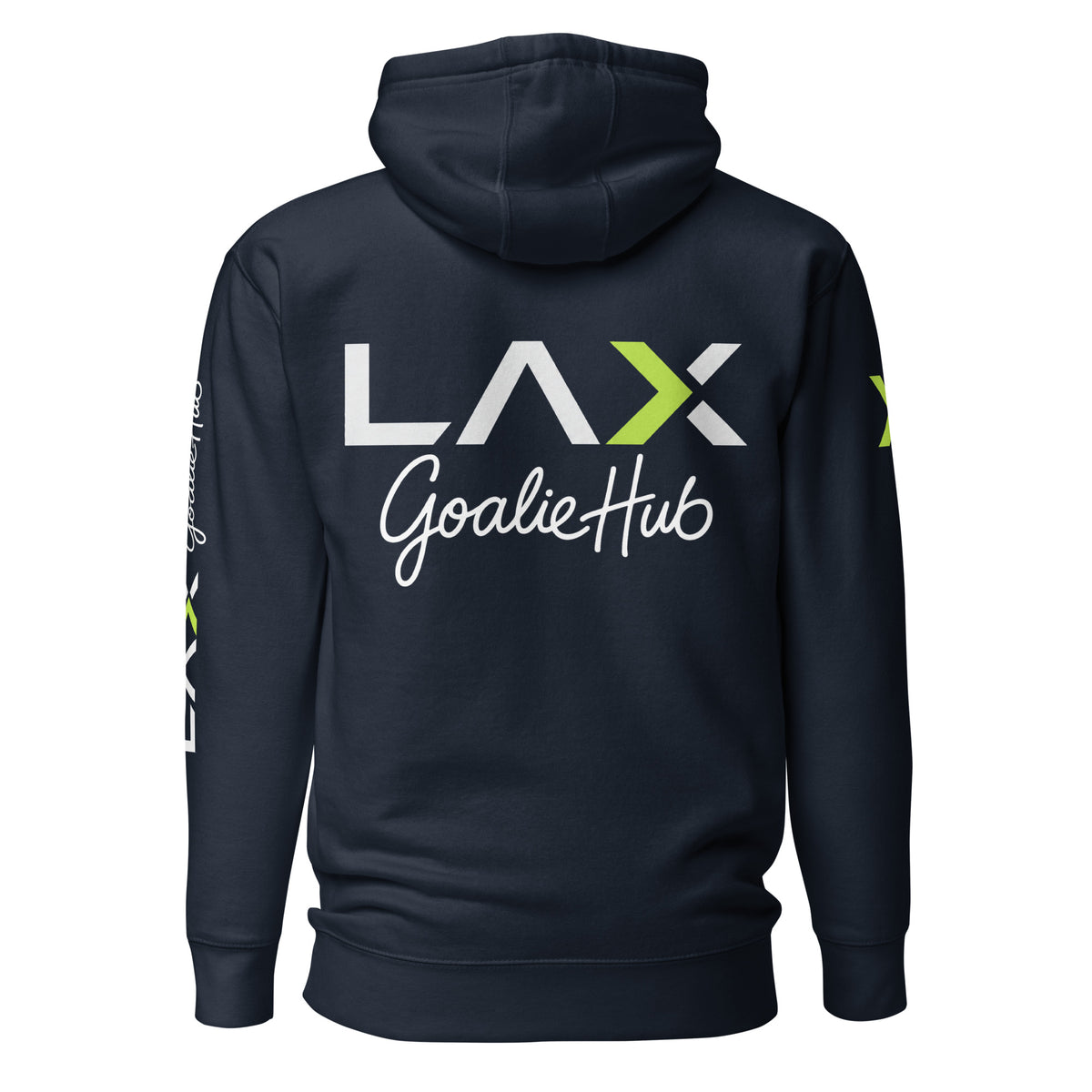 LGH Unisex Hoodie in Navy Blazer, back view with the full LAX Goalie Hub logo