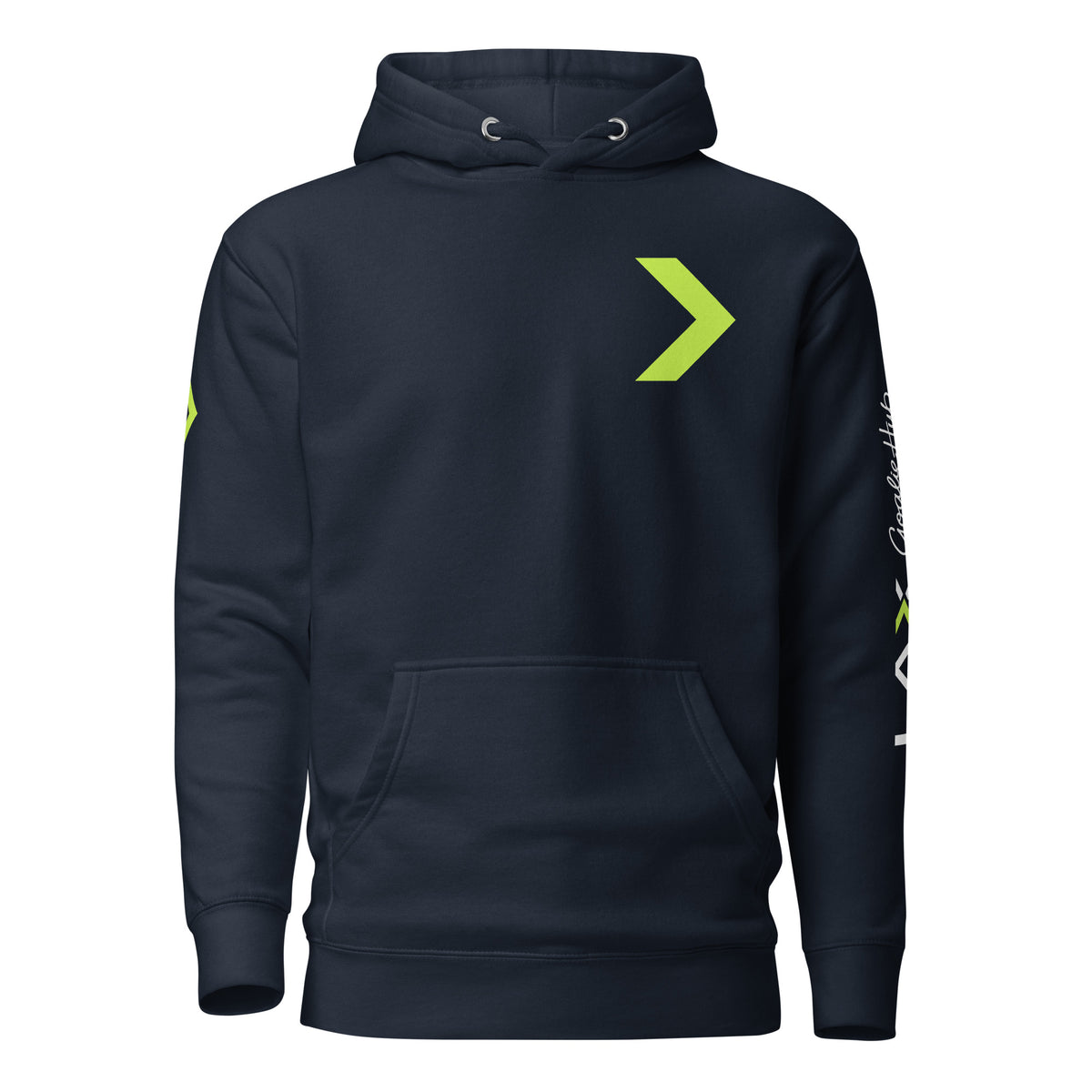 LGH Unisex Hoodie in Navy Blazer, front view with the green chevron on the chest