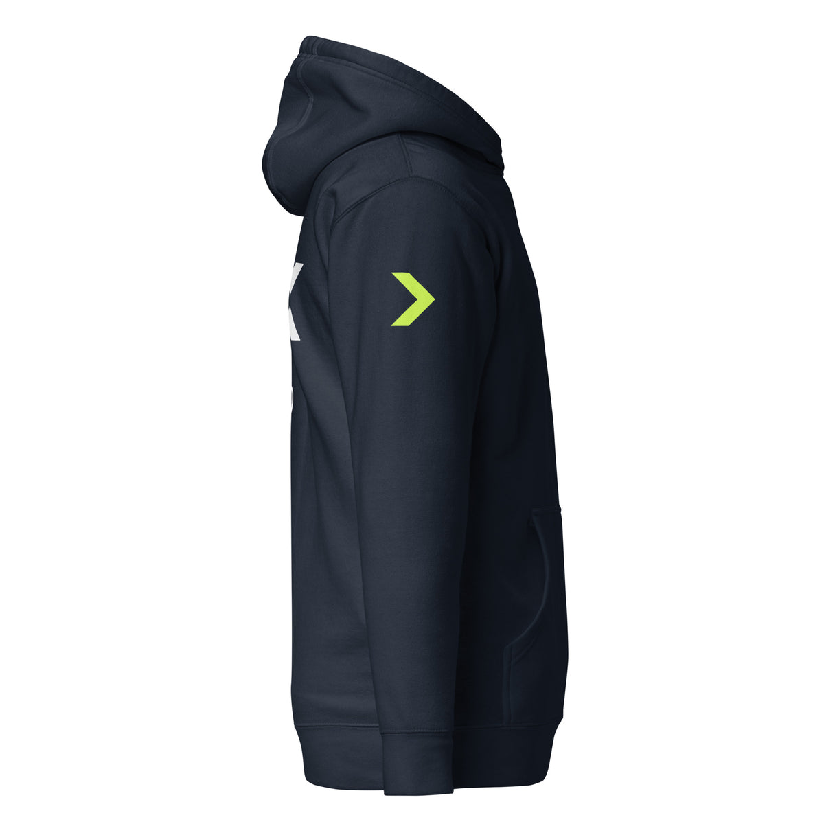 LGH Unisex Hoodie in Navy Blazer, right side view showing the sleeve print