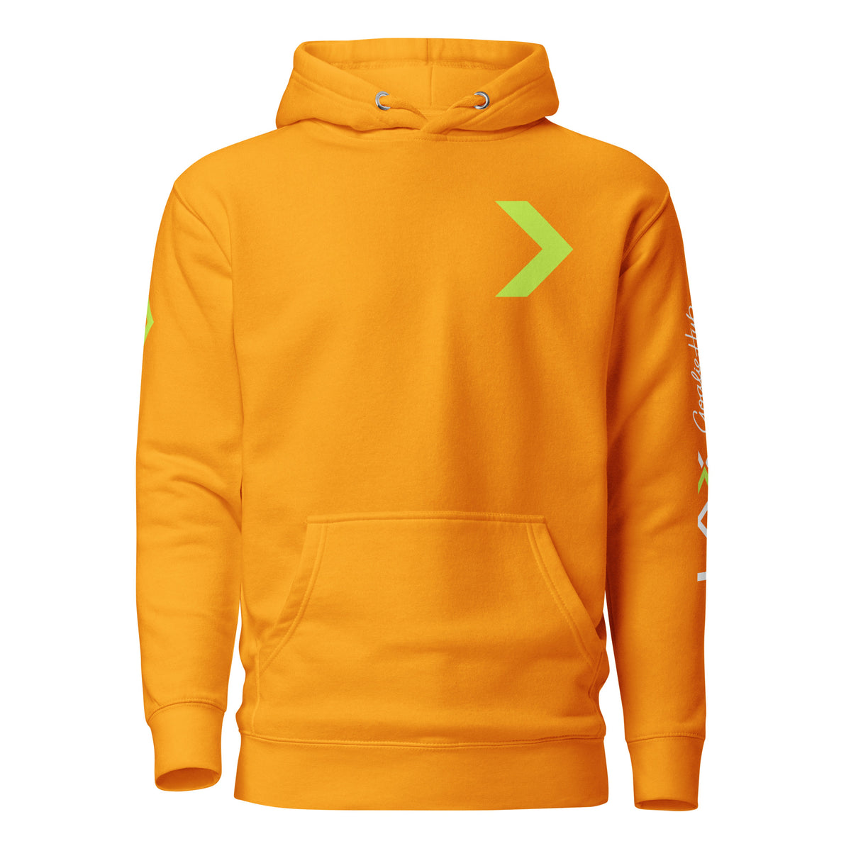 LGH Unisex Hoodie in Team Gold, front view with the green chevron on the chest