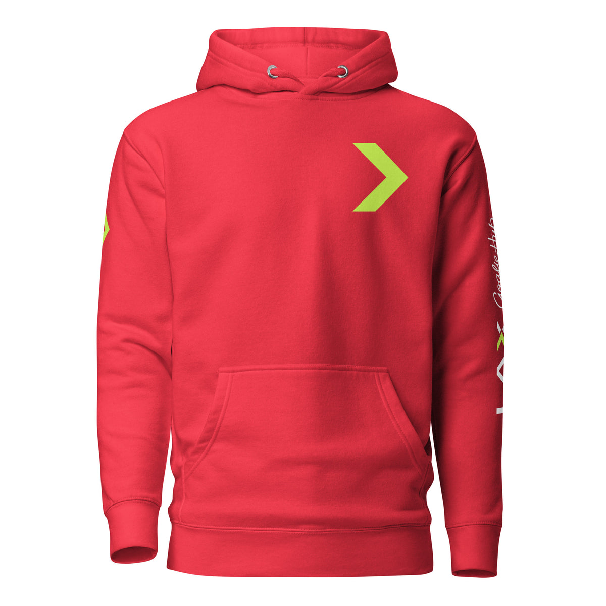 LGH Unisex Hoodie in Team Red, front view with the green chevron on the chest