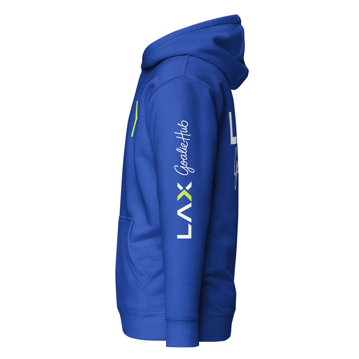 LGH Unisex Hoodie in Team Royal, left side view showing the sleeve print