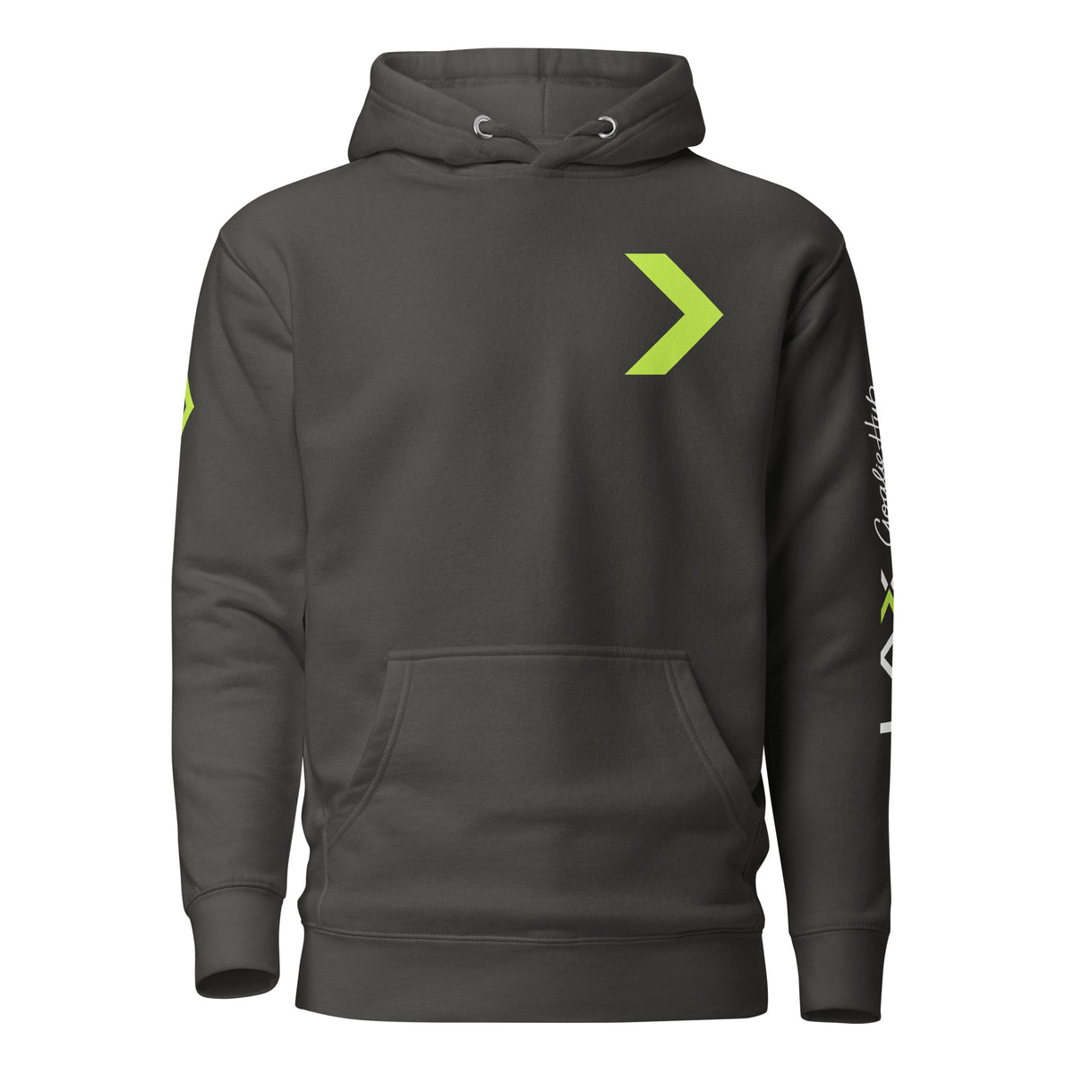 LGH Unisex Hoodie in Vintage Black, front view with the green chevron on the chest
