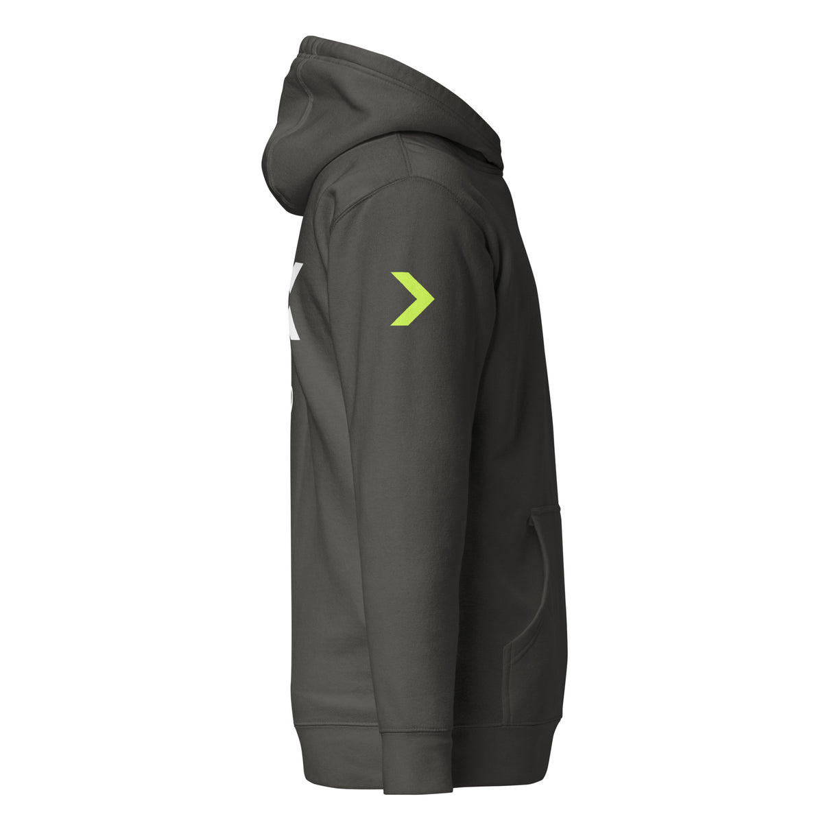 LGH Unisex Hoodie in Vintage Black, right side view showing the sleeve print