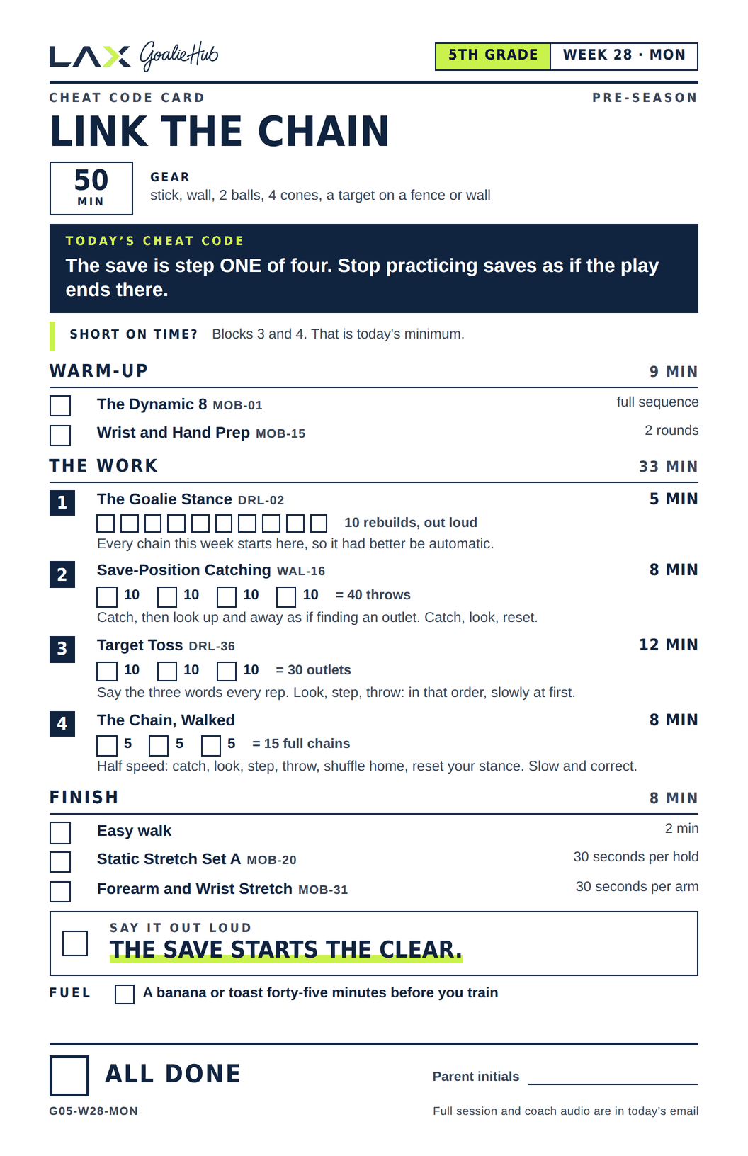 A Cheat Code Card: one training session printed on a half sheet, with a box to tick beside every set