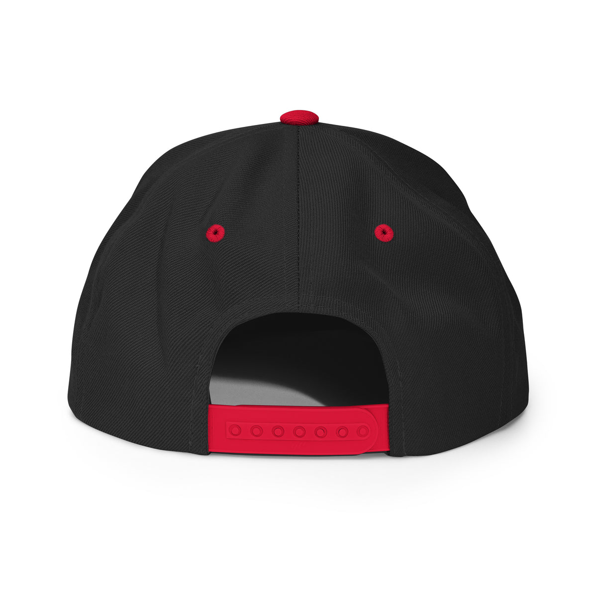 LGH Snapback Hat in Black/Red, back view with the snap closure