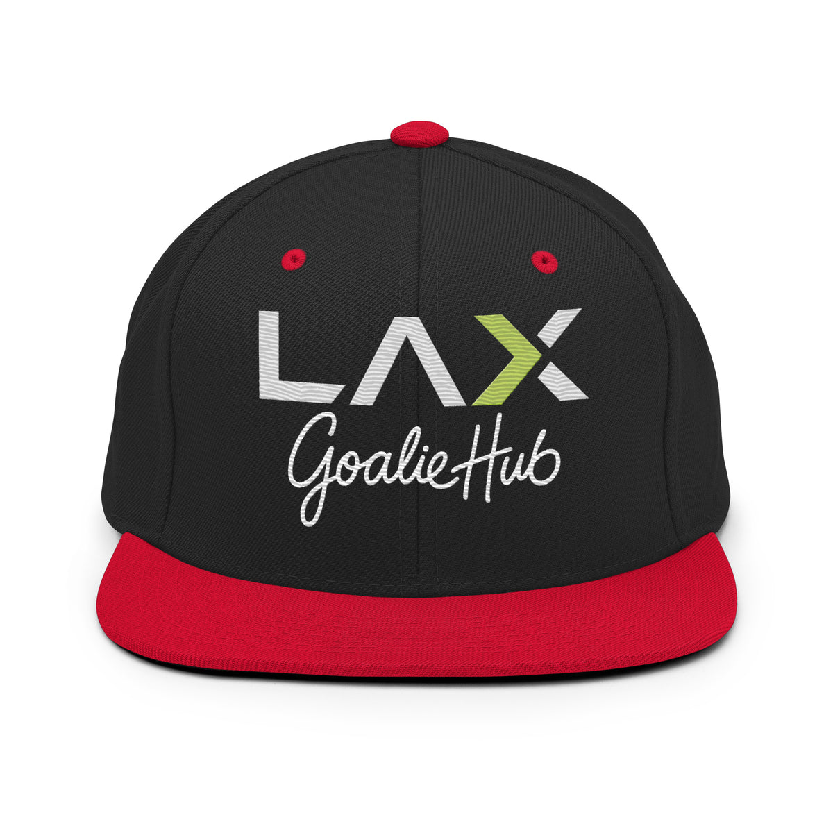 LGH Snapback Hat in Black/Red, front view with the embroidered LAX Goalie Hub logo