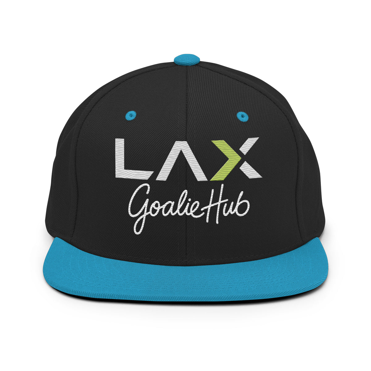 LGH Snapback Hat in Black/Teal, front view with the embroidered LAX Goalie Hub logo