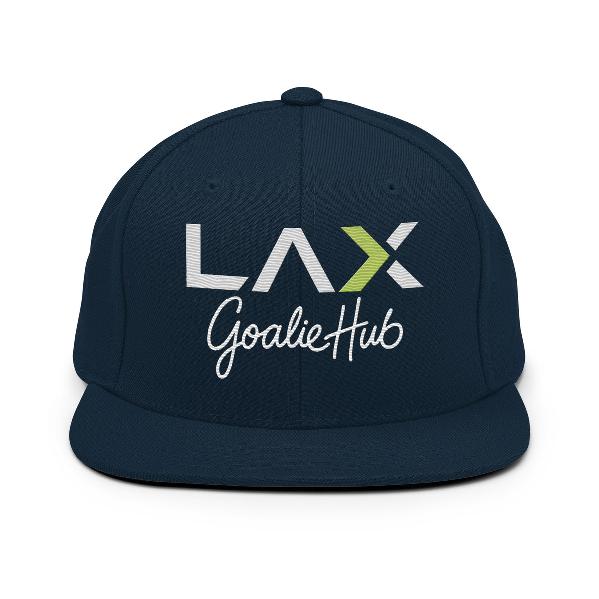 LGH Snapback Hat in Dark Navy, front view with the embroidered LAX Goalie Hub logo