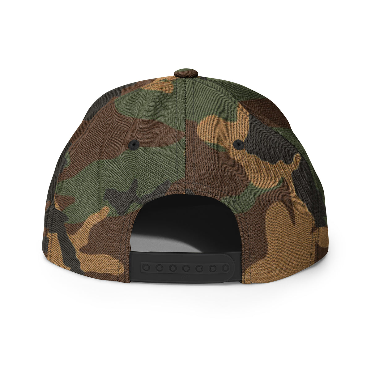 LGH Snapback Hat in Green Camo, back view with the snap closure