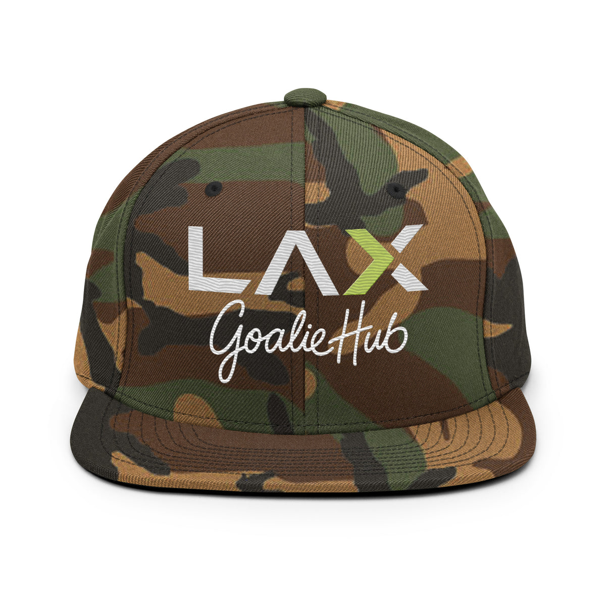 LGH Snapback Hat in Green Camo, front view with the embroidered LAX Goalie Hub logo