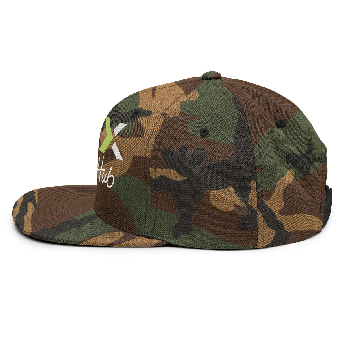 LGH Snapback Hat in Green Camo, left side view