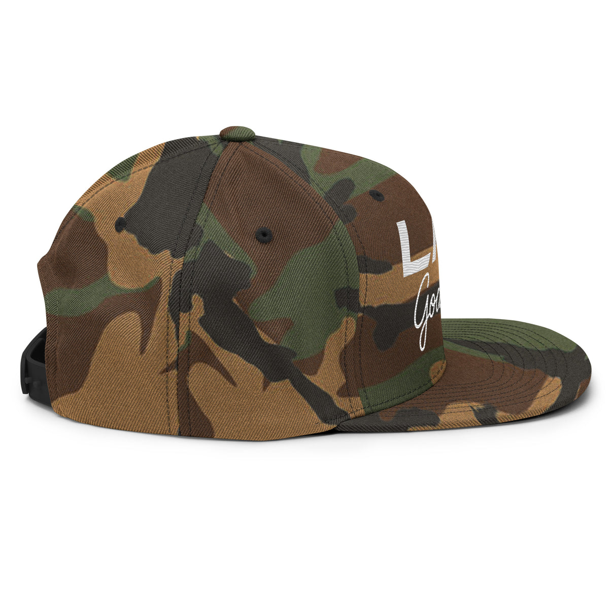 LGH Snapback Hat in Green Camo, right side view