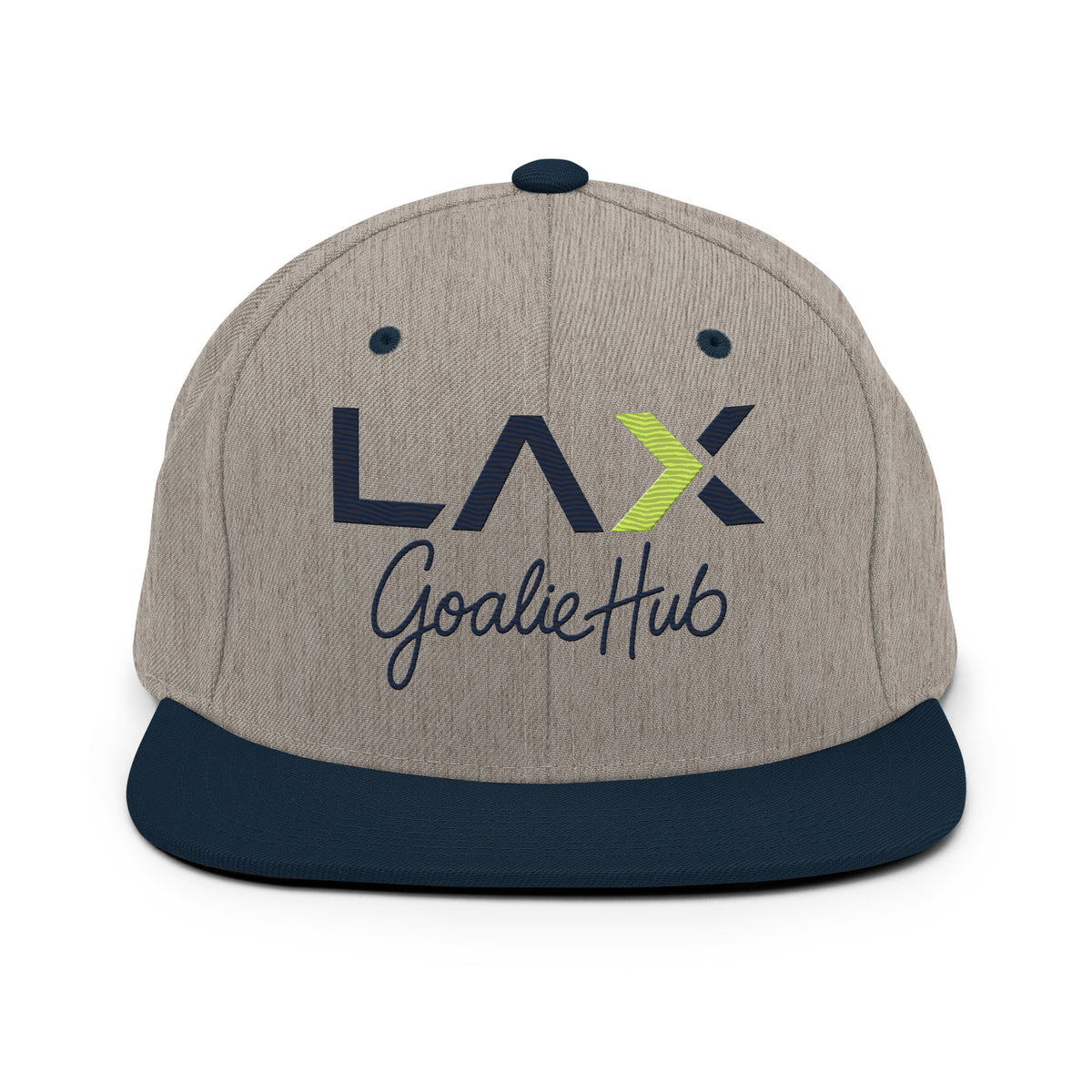 LGH Snapback Hat in Heather Grey/Navy, front view with the embroidered LAX Goalie Hub logo