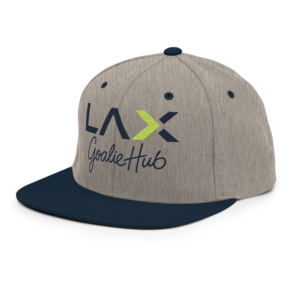LGH Snapback Hat in Heather Grey/Navy, left front view