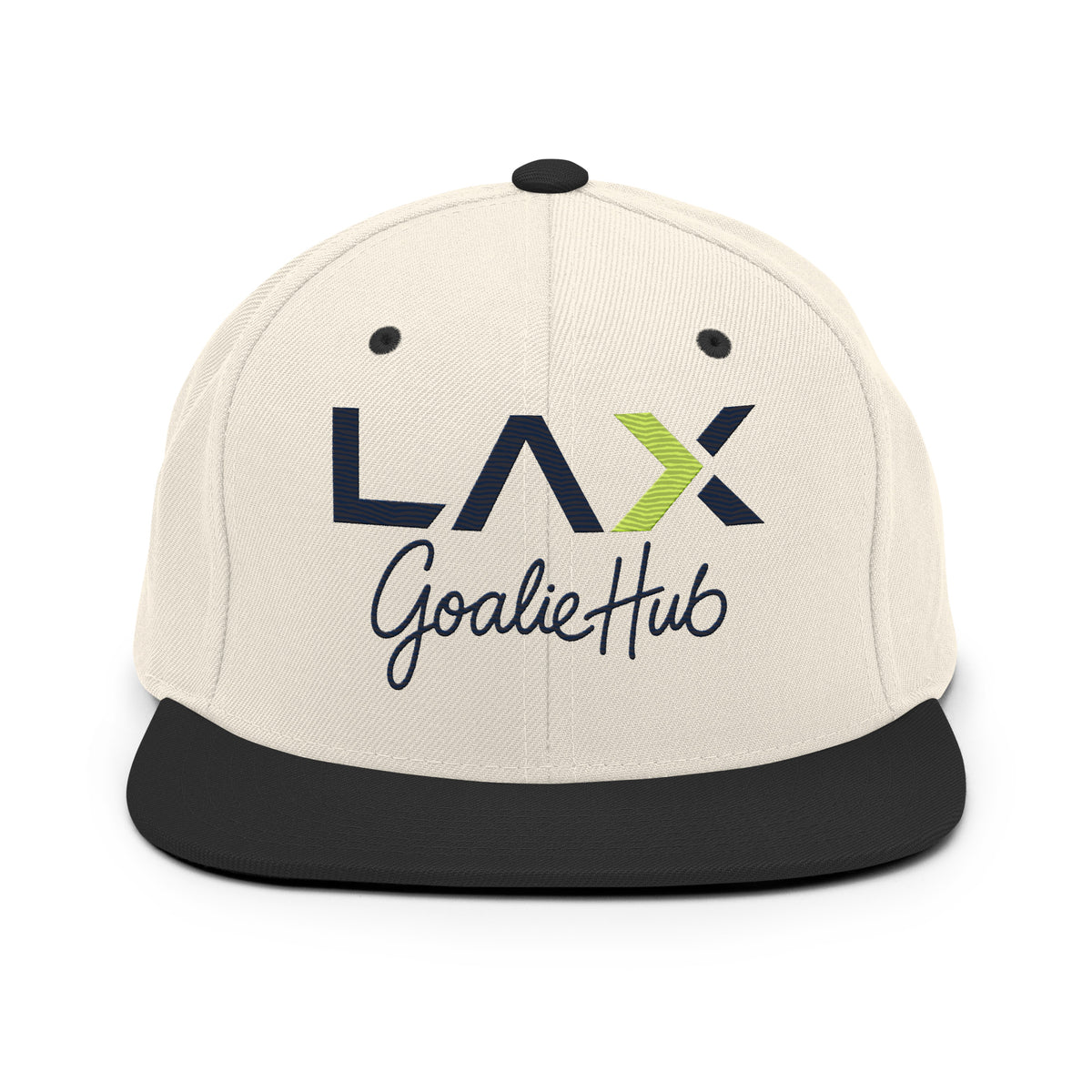 LGH Snapback Hat in Natural/Black, front view with the embroidered LAX Goalie Hub logo