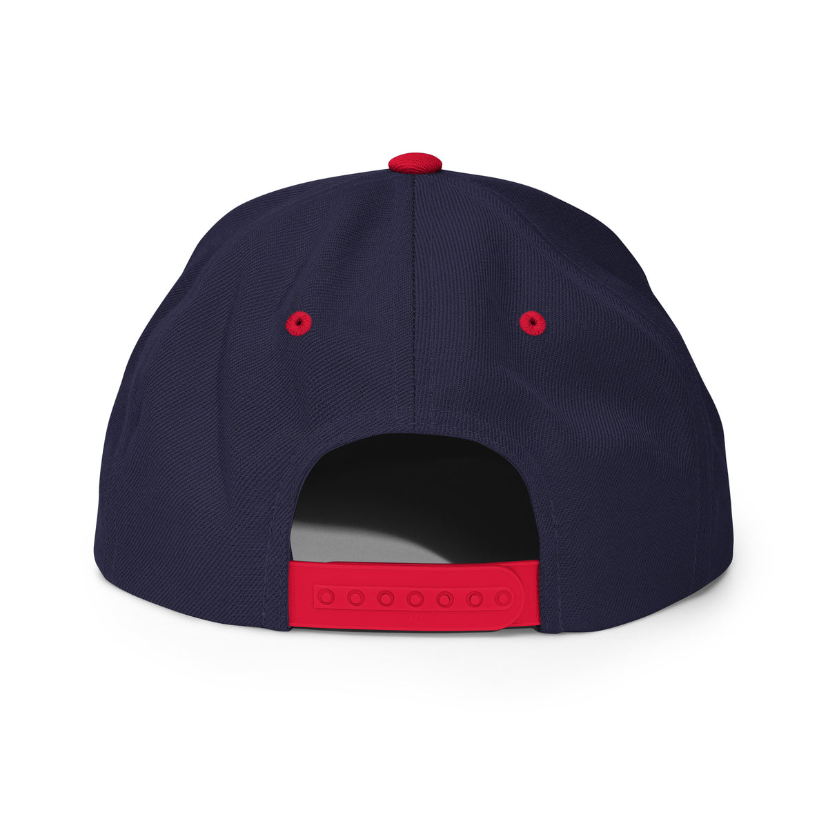 LGH Snapback Hat in Navy/Red, back view with the snap closure