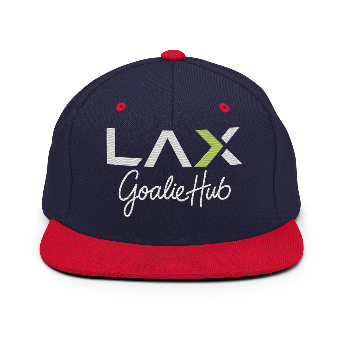 LGH Snapback Hat in Navy/Red, front view with the embroidered LAX Goalie Hub logo