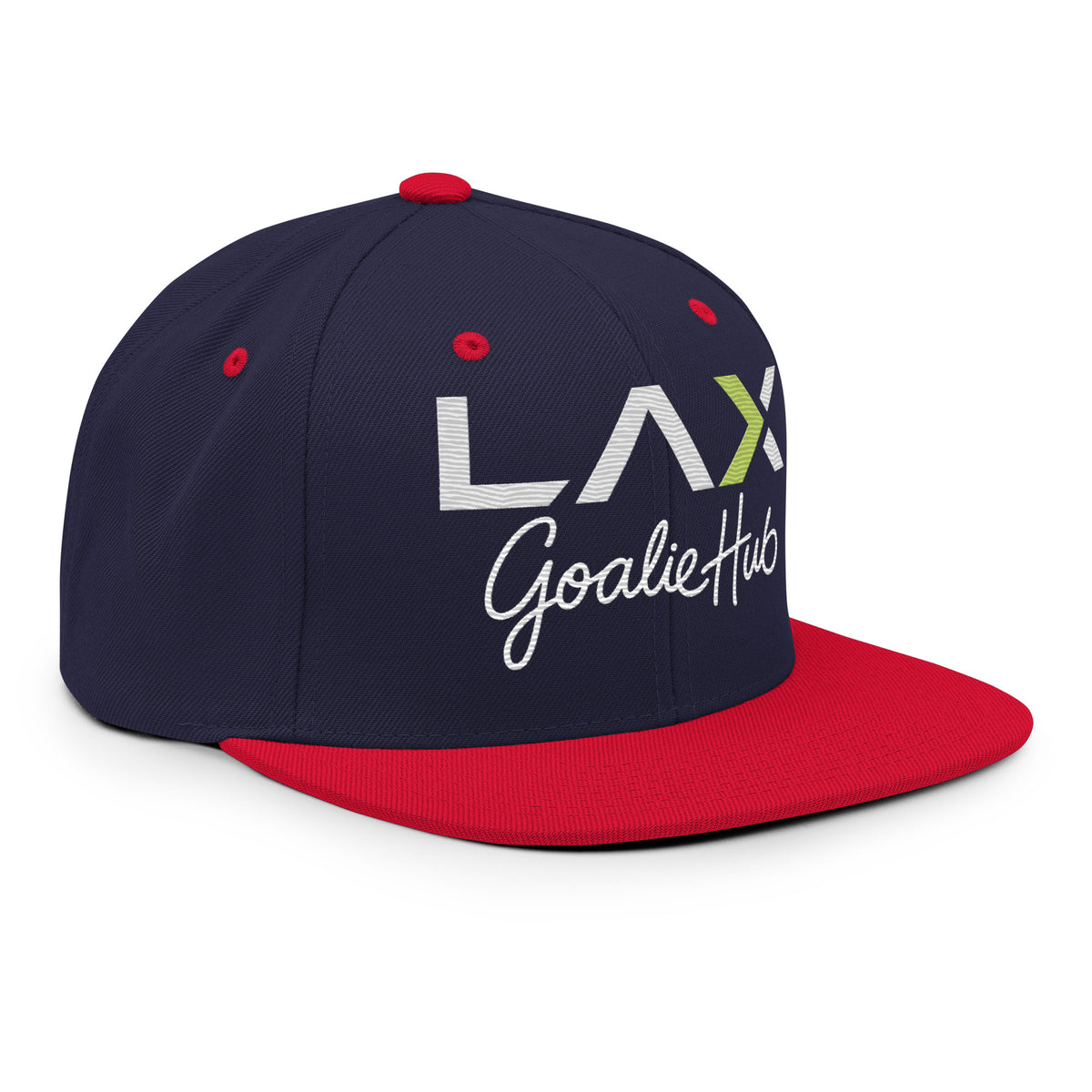 LGH Snapback Hat in Navy/Red, right front view