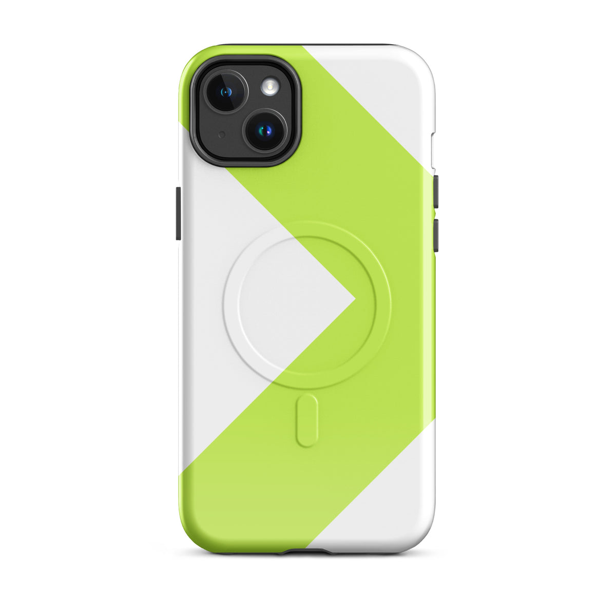 LGH MagSafe Tough Case with signal-green chevron, glossy finish, on iPhone 14 Plus