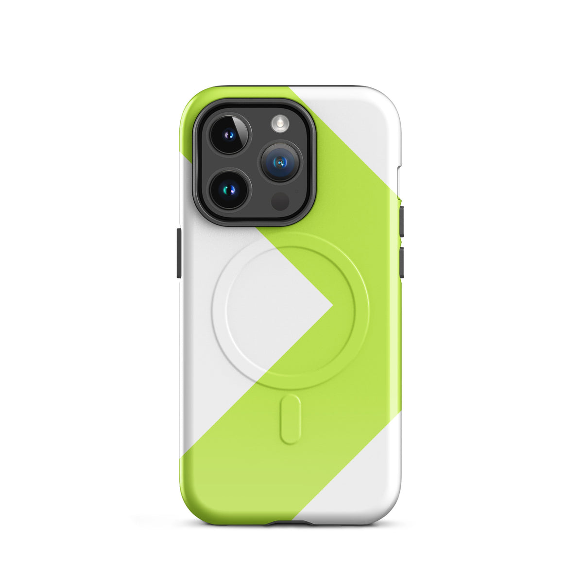 LGH MagSafe Tough Case with signal-green chevron, glossy finish, on iPhone 14 Pro