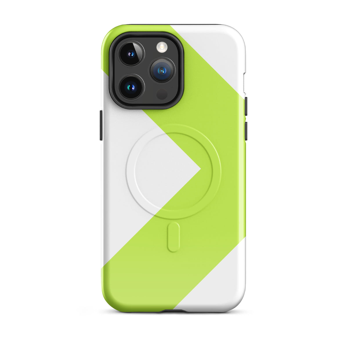 LGH MagSafe Tough Case with signal-green chevron, glossy finish, on iPhone 14 Pro Max